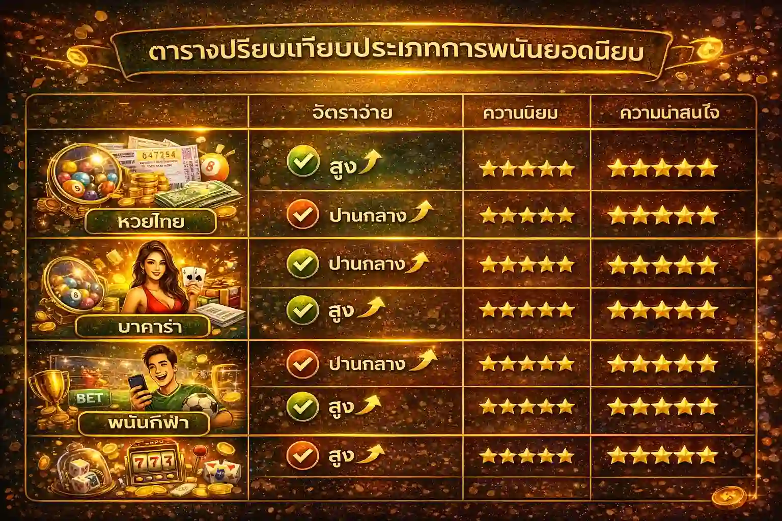 ตารางเปรียบเทียบประเภทการพนันยอดนิยม