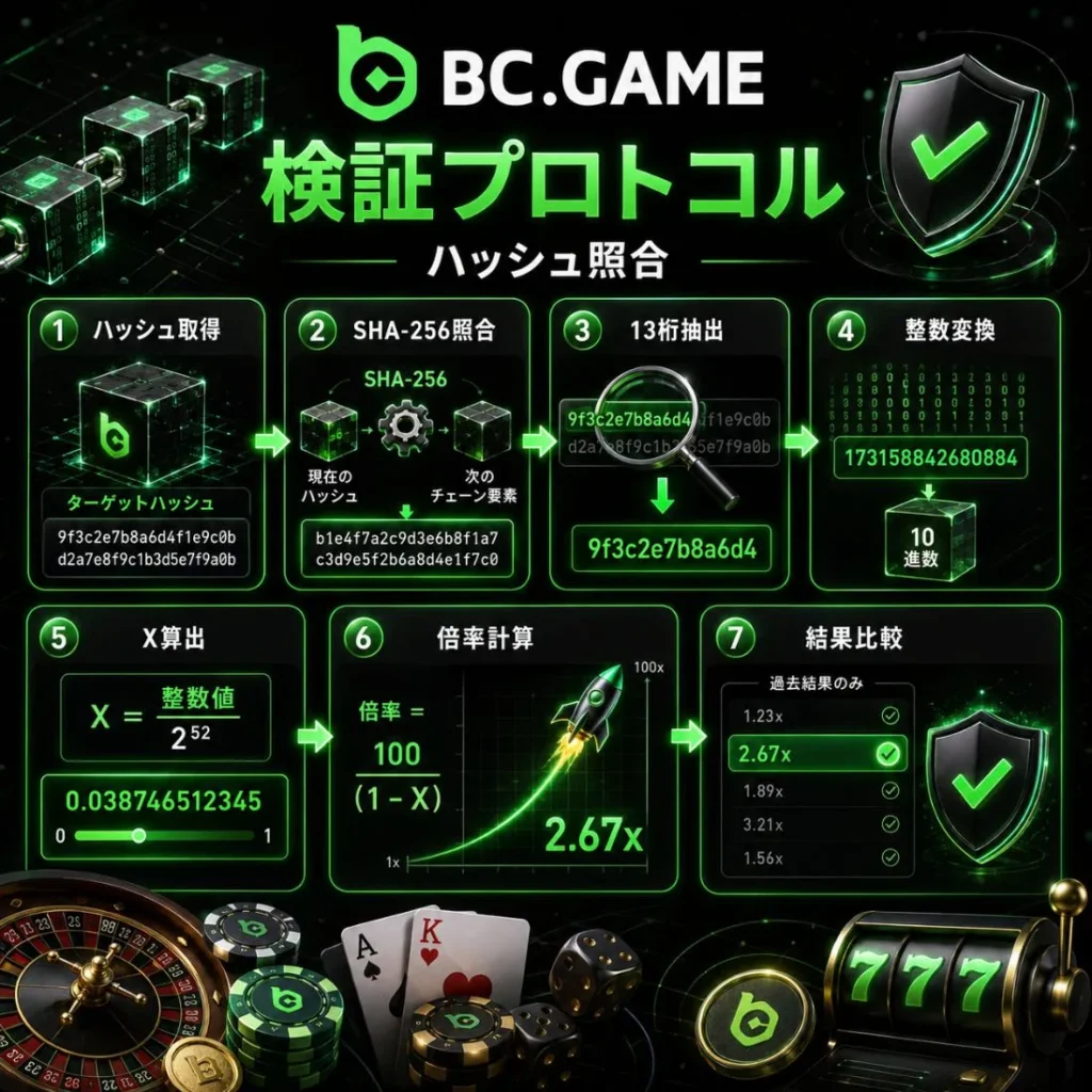 BC.Game クラッシュゲームの検証プロトコルとハッシュ照合手順