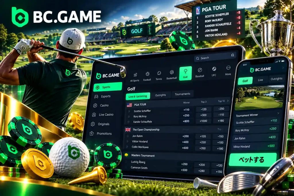 BC.Gameのゴルフ賭博ガイド。ゴルフトーナメントのオッズ、PGAツアーの優勝予想、オンラインスポーツベッティングの画面と賭け方。