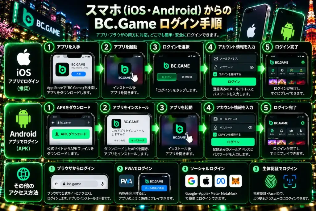 BC.GameへiPhoneとAndroidスマートフォンからログインする方法