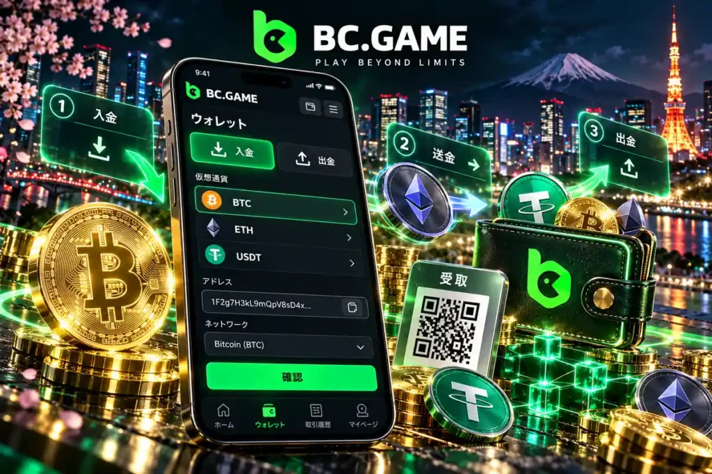 BC.GAMEの仮想通貨ウォレットとBTC・ETH・USDTの入出金画面。
