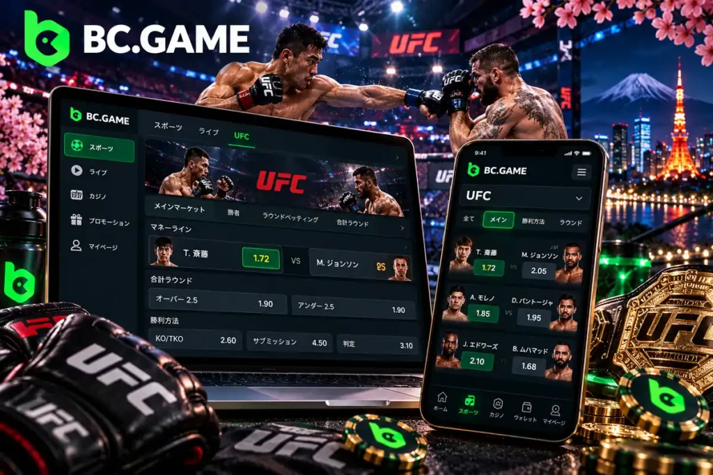 BC.GAMEのUFC賭け画面、勝敗オッズ、ラウンド数、勝利方法別のベッティング市場。