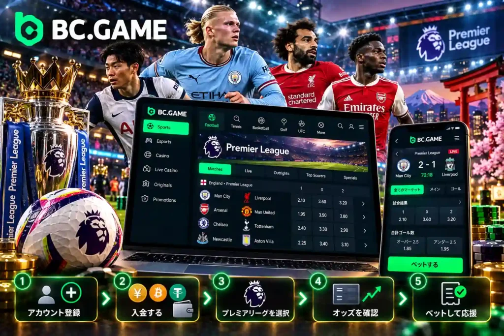 BC.Gameのプレミアリーグ賭けガイド。イングランド・プレミアリーグの試合、サッカーベッティングのオッズ、ライブベット、登録からベットまでの手順を紹介。